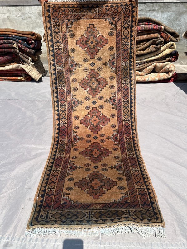 Beige Terracotta Afghan Runner Rug 2x5 ft Hand Knotted Geometric Turkmen Carpet gallery