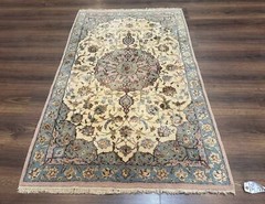 Per’sian Rug 3×5, Fine 310 KPSI, Kork Wool Silk Foundation, Cream & Light Green