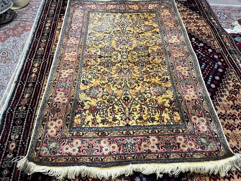 COLLECTORS' ITEM Vintage Stunning Natural Silk Turkish Hereke Floral Carpet gallery
