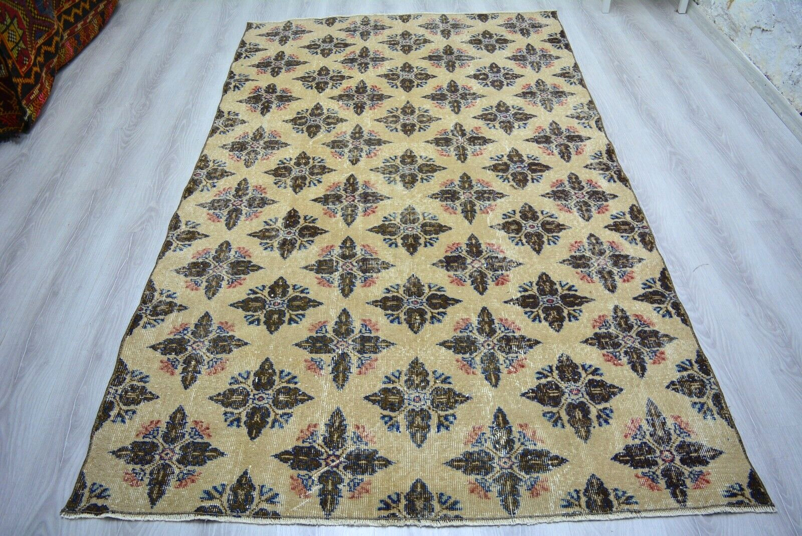 Beige Vintage Oushak Carpet, 4.6x8ft, Antique Turkish Rug, Floral Handmade Rug, gallery