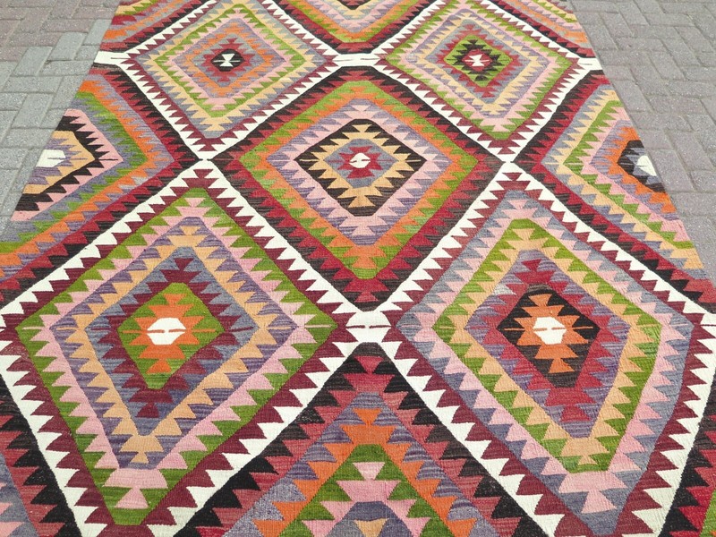 Authentic Vintage Turkish Wool Carpet Rug, Handmade Tribal Geometric 77" x 104" gallery