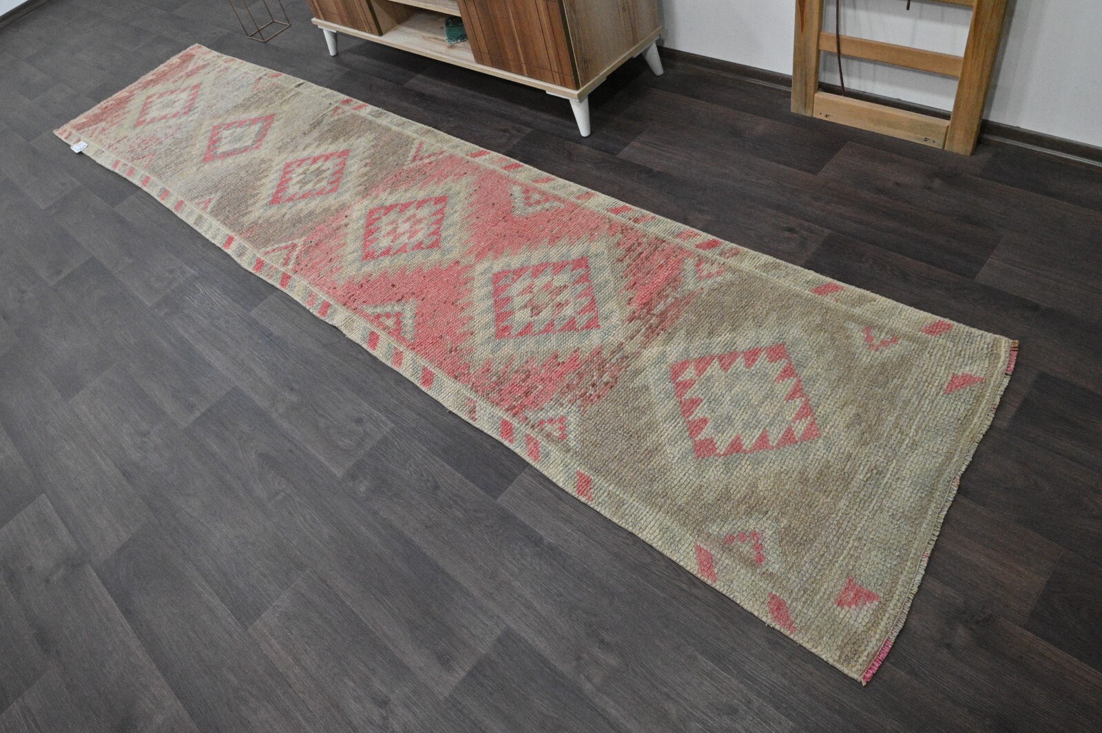 Vintage Turkish Runner Rug 2x12ft PINK Handmade Anatolian Oushak Hallway Wool gallery