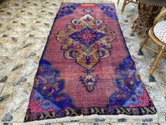 Vintage Turkish Rug 4.2 x 8.93 ft Hand-Knotted Wool Floral Anatolian Traditional