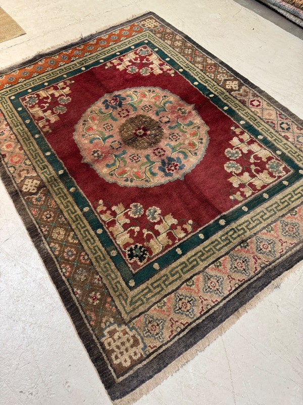 Antique Oriental Hand-Knotted Wool Area Rug Mongolian Rare Red/Ivory 4'10" x 6'3 gallery