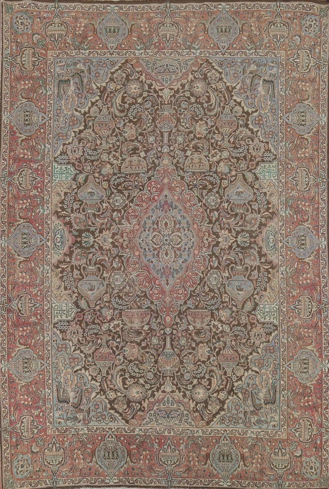 Vintage Brown Floral Area Rug 10x13 Hand-knotted Wool Carpet for Living Room