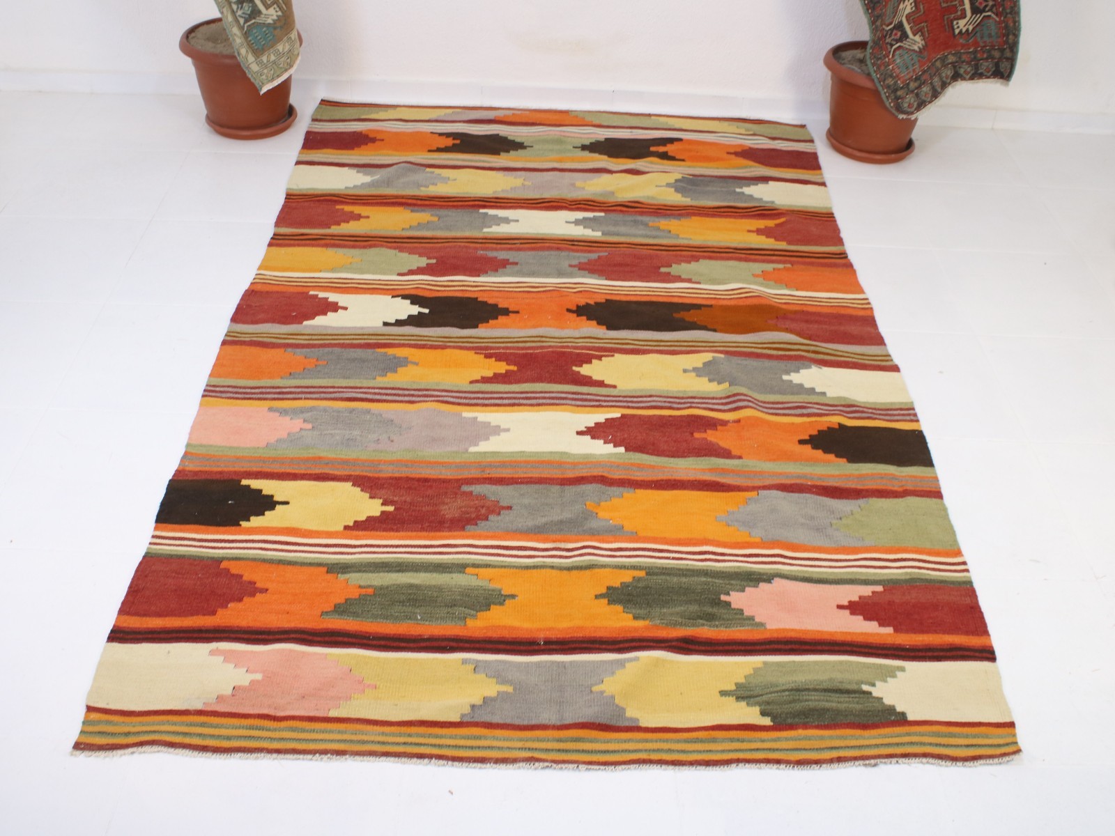 5x9 Turkish Handmade Kilim Rug Multi Color Striped Boho 5.5x8.9 ft gallery