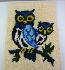 Owls Shag Rug 20″ x 27″ Handmade Hand Hooked Folk Art Wall Hanging Decor