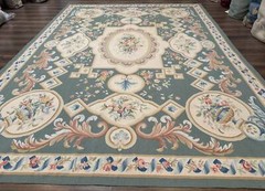 Aubusson Rug 9×12, Muted Sage Green and Cream, European Design