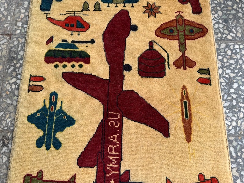 2x2.8 Afghan Hand Knotted War Rug Drone Pistols Wool Carpet New gallery