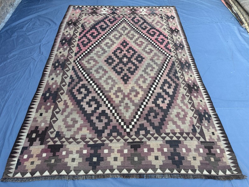 Vintage Afghan Kilim Rug, 7x10 Turkish Faded Geometric Tribal Bedroom Area Rug gallery