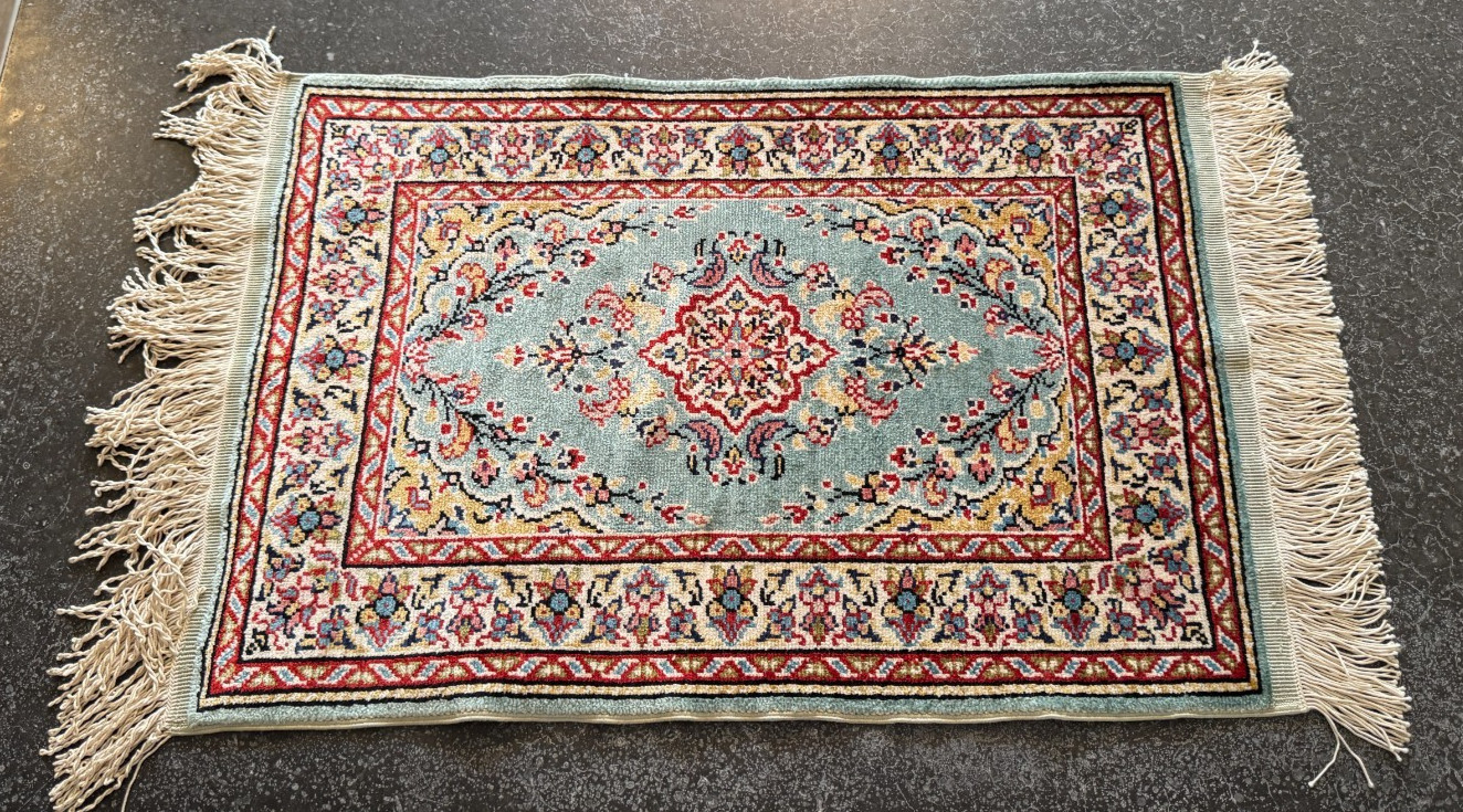 Vintage Turkish Herekeh Silk Rug 25" X 14" SMALL prayer turquoise red oriental gallery