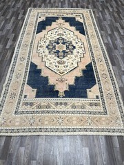 5 x 10 ft Blue Pink Turkish Taspinar 1970s Vintage Hand Knotted Wool Turkish Rug