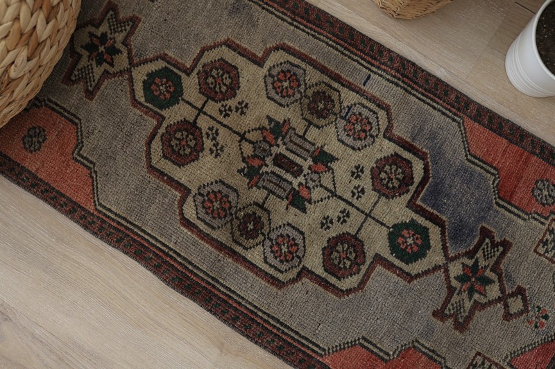 1x4 Vintage Turkish Rug, Bohemian Wool Mat, Hand Knotted Rug, Oushak Rug gallery