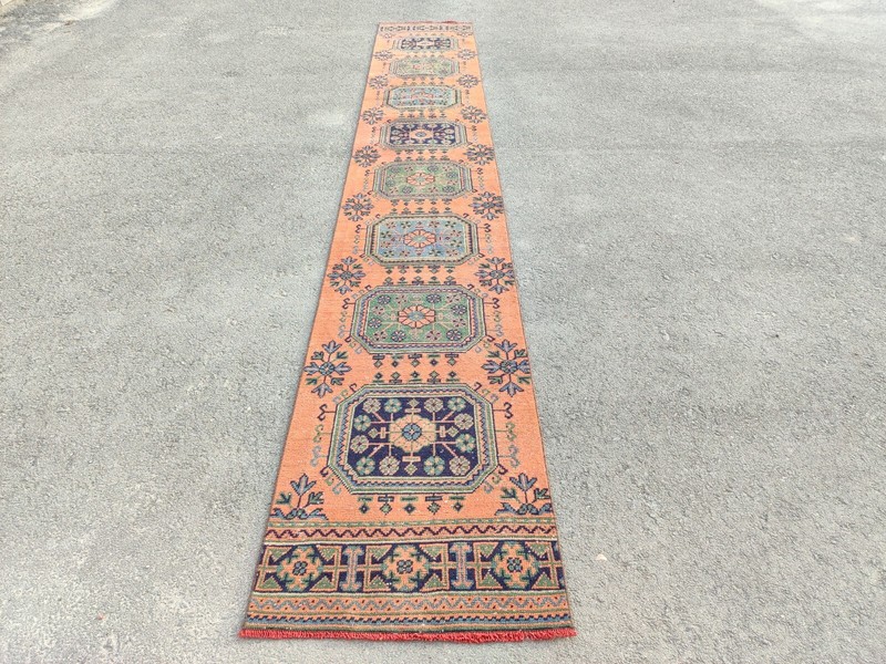 16'8" ft extra long runner rug stair hallway, Long runner Turkish Oushak vintage gallery