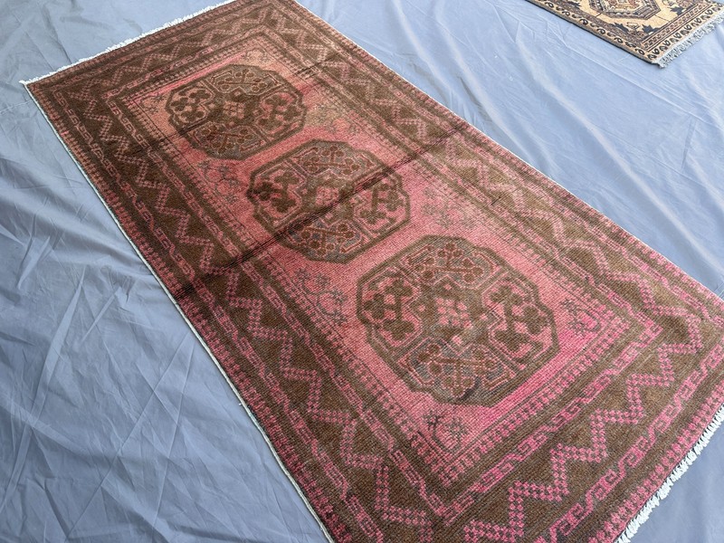Vintage Turkmen Rug Terracotta Faded Geometric Wool Oriental Kitchen Area Rug gallery