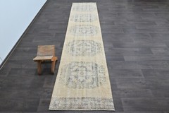 Vintage Turkish Runner Rug 2x11ft Wool Anatolian Handmade Hallway Oushak BEIGE