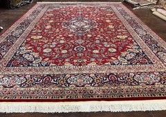 Indo Per’sian Rug 9×11 ft – Red and Navy, Hand-Knotted Traditional Wool Carpet