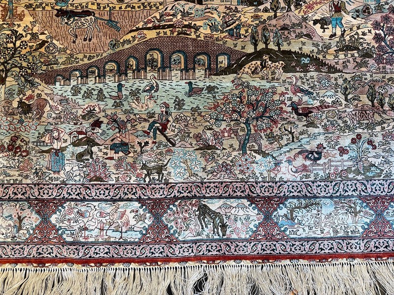 A Vintage 700+ Kpsi Silk On Silk Pictorial Turkish Hereke Rug gallery