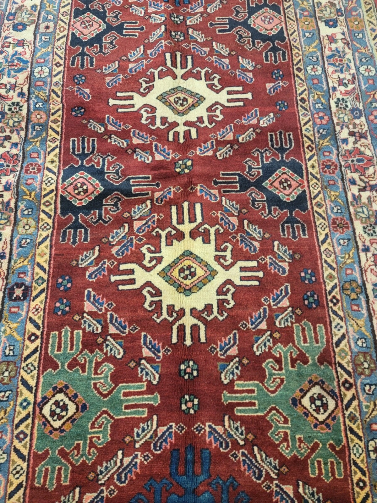 Antique Oriental Hand-Knotted Wool Runner Red/Ivory/Blue/Green 4'5" x 12'8" gallery