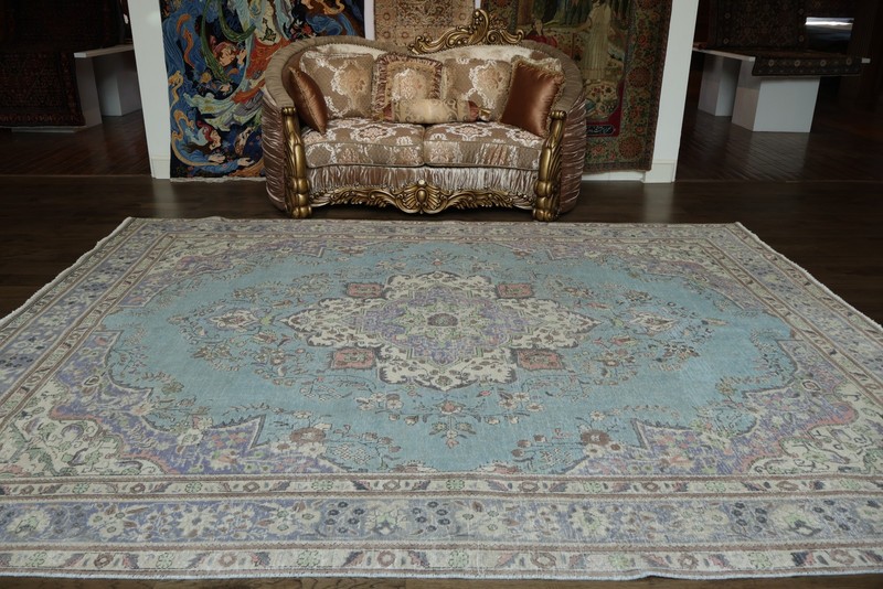 Light Blue Medallion Area Rug 10x12 Ft Hand-Knotted Over-Dyed Wool Carpet gallery