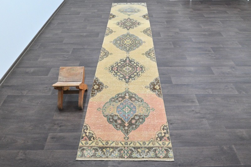 Vintage Turkish Runner Rug 2x12ft Wool Anatolian Handmade Hallway Oushak BEIGE gallery