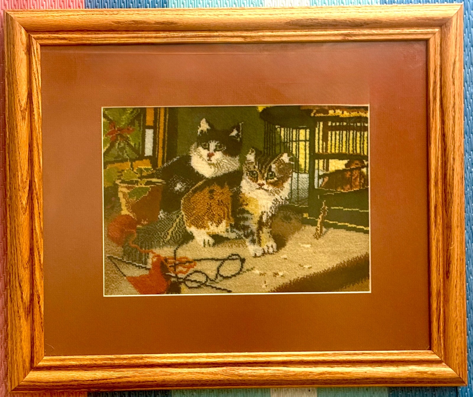 Vintage Handmade Traditional Woven Cat Rug in Honey Oak Frame Exceptional gallery
