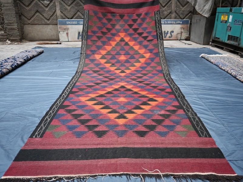1940s Antique Afghan Geometric Kilim Rug 4x12 ft Handwoven Faded Wide Runner Rug gallery