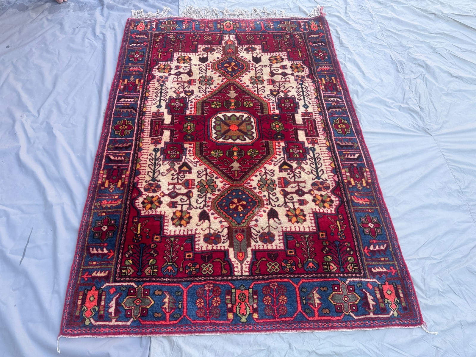 Handmade Vintage Turkish Style Rug 4'6x6'7 Red Blue Geometric Medallion Area Rug gallery