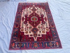 Handmade Vintage Turkish Style Rug 4’6×6’7 Red Blue Geometric Medallion Area Rug