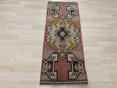 Antique Turkish Rug 1.3×3.3 ft Vintage Muted Pink Carpet Wool Boho Tribal Mat