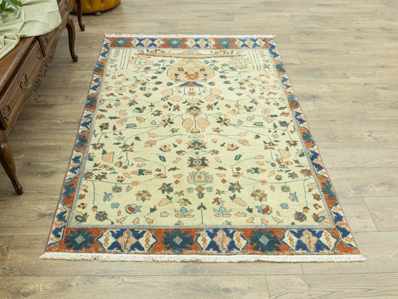 Handmade Turkish Oushak Rug – Vintage Wool Carpet Beige Rust Blue 4'4''x6'3'' gallery