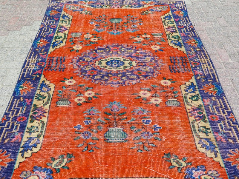 Paprika Medallion Turkish Vintage Rug, Large Distressed Handwoven Carpet 67"x98" gallery