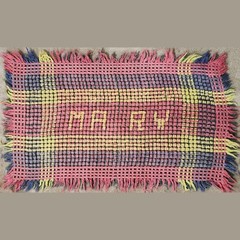 Vtg Handmade Pom Pom Rug 35″ x 19″ Pink Purple Yellow Antique Custom Mary