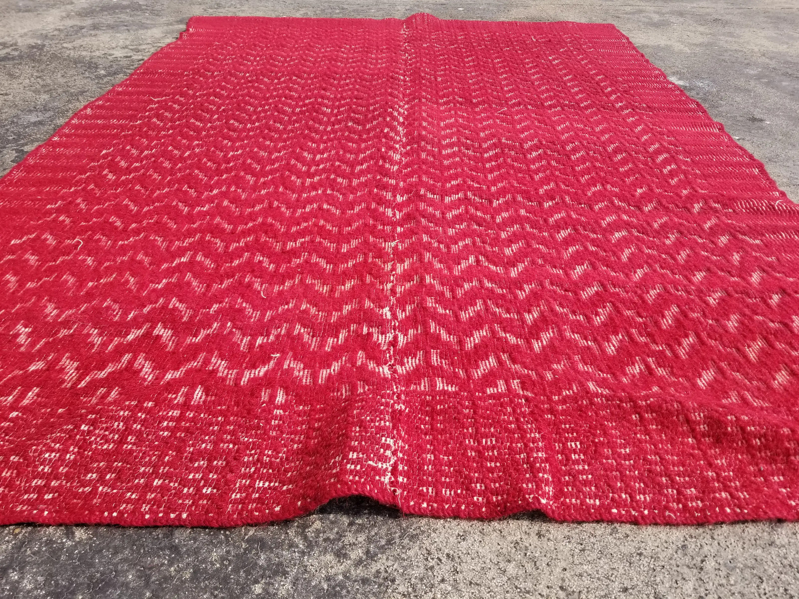 Vintage American Handmade Jacquard Loom Reversible Wool Red Blanket 6.6x4.5 ft gallery