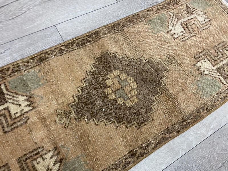 Turkish Nomadic Runner Carpet 1.4x3.7 Ft Hand Knotted Vintage Distressed Rug gallery