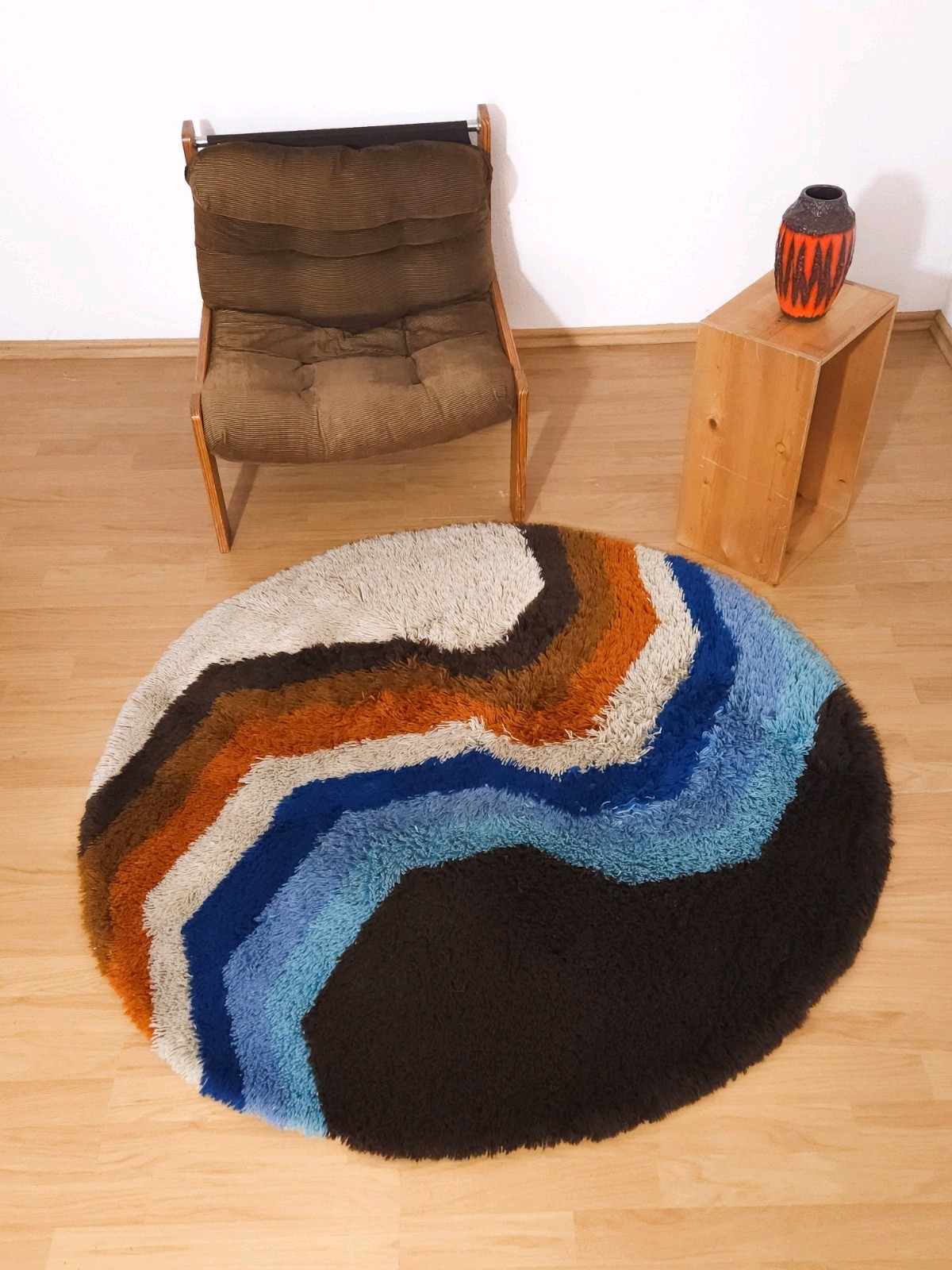 DESSO Allegro shag round Rug dralon wool blue brown vintage Mid Century 60s 70s gallery