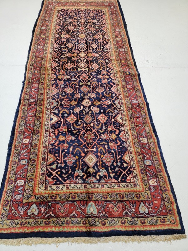 Antique Oriental Hand-Knotted Wool Runner Navy Blue/Red/Green 3'9" x 9'9" gallery