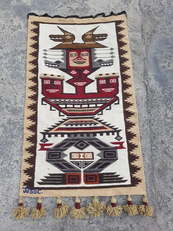 Vintage Handmade Ecuador Aztec Wool Multicolor Wall Hanging Tapestry 3.4x2.1ft gallery