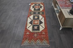 Vintage Turkish Runner Rug 2x7ft RED Handmade Anatolian Oushak Hallway Wool