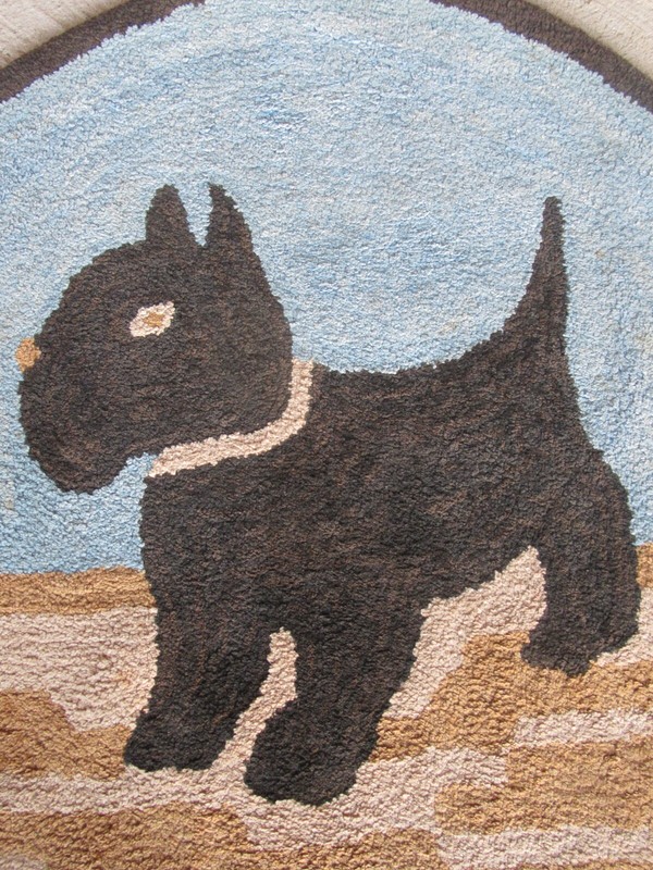 Antique Scottish Terrier Dog Folk Round Hooked Wool Rug (30.5") gallery
