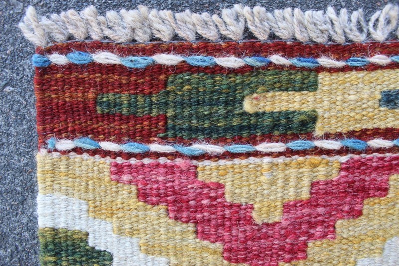 Kilim Vintage Traditional Hand Made Oriental Red Green Wool Small Kilim 90x55cm gallery