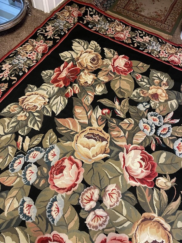 1920s American 7'7" x 9'7" Floral Needlepoint on Black Background Area Rug gallery