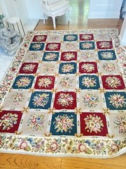 Aubusson Rug Needlepoint 7.5 X 9.5″ Flowers Checker Roses Large