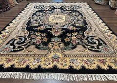 Aubusson Rug 9×12 Black Beige Floral Elegant Handmade French European Design