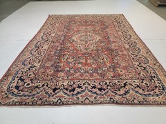 Antique Oriental Hand-Knotted Wool Area Rug Terracotta/Light Blue 8’8″ x 11’2″