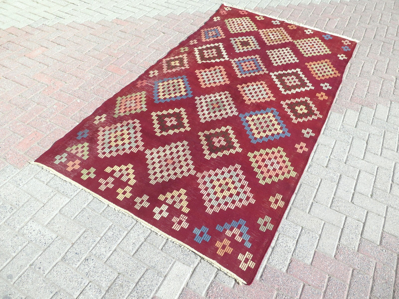 Area Rug, Vintage Turkish Kilim, Red Color Wool Rugs, Large Sard Carpet 59"x110" gallery