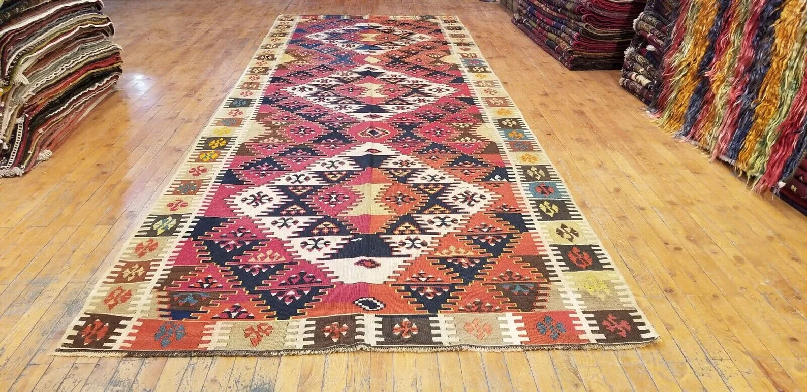 Bohemian 1900-1939s Antique Wool Pile Natural Dye Flat-Woven Kilim 4'8"×13'3" gallery