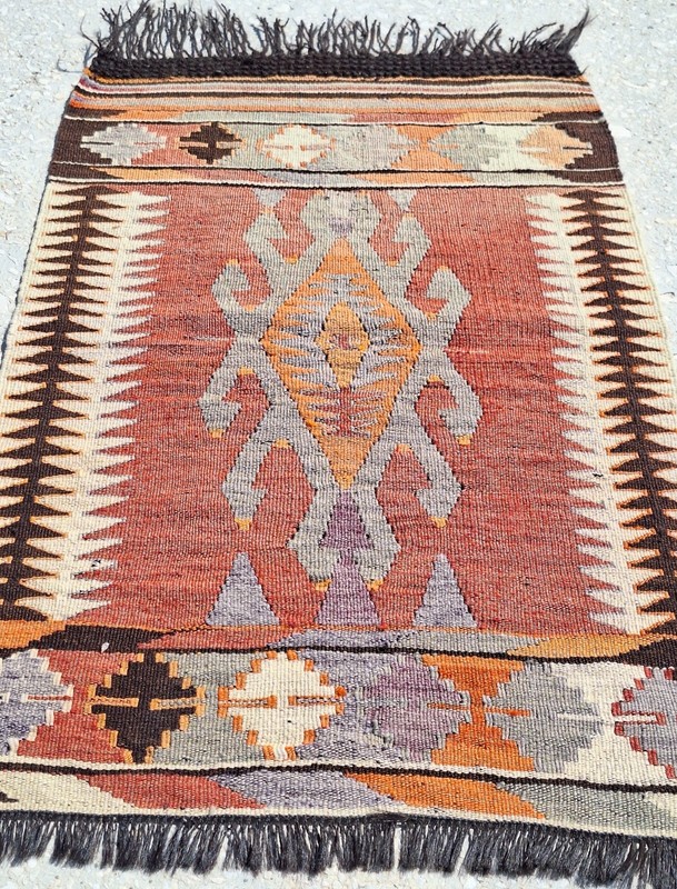 Vintage Turkish Nomad Kilim, Hand Woven Area Or Wall Rug, Fringed By Goat Wool gallery
