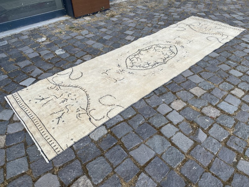 Vintage Turkish Runner Rug, Hand-Knotted Wool, Cream Black Minimalist Runner gallery