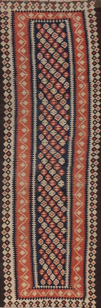 Vegetable Dye Kilim Navy Blue 12 ft Runner Rug Hand-woven Reversible Carpet 3x12